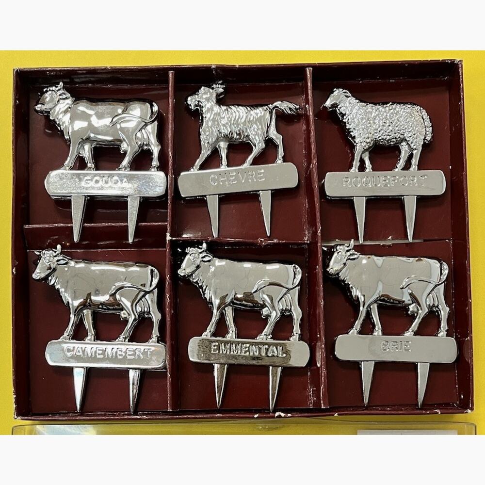 Silea Vintage Silver Plated Cheese Markers Animal Labels Set 6 Collectable NIB